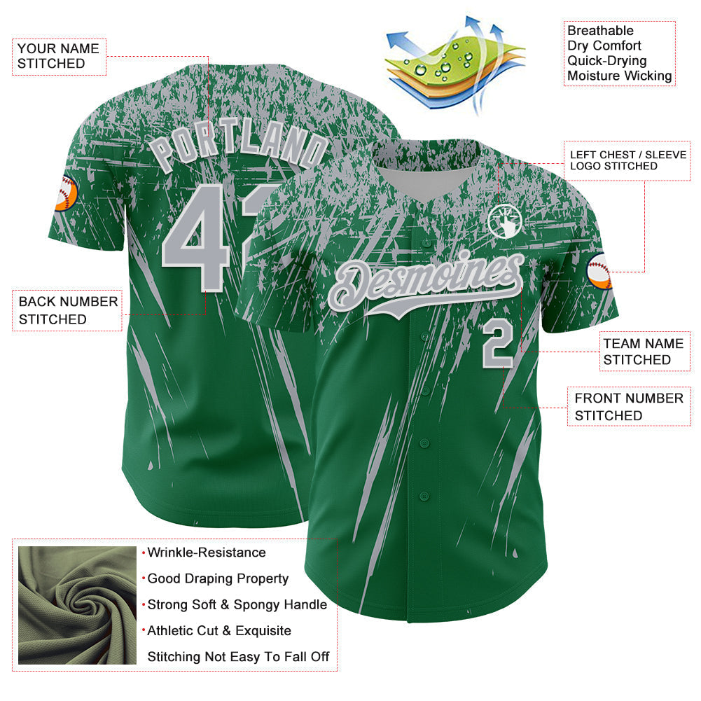 Custom Kelly Green Gray-White Distressed Scratch Brush Stroke Authentic Baseball Jersey baseball jersey product view 3