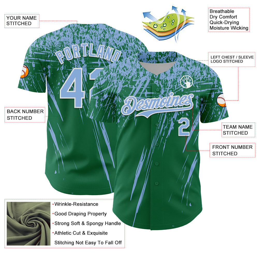 Custom Kelly Green Light Blue-White Distressed Scratch Brush Stroke Authentic Baseball Jersey baseball jersey product view 3