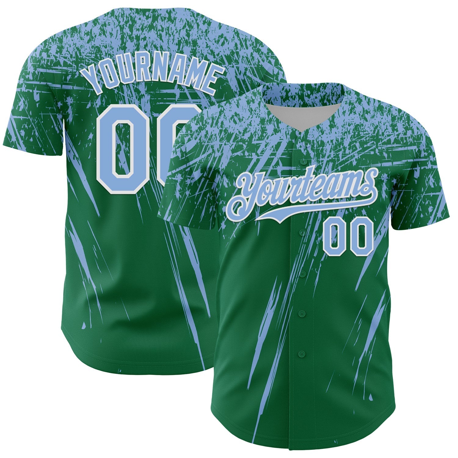 Custom Kelly Green Light Blue-White Distressed Scratch Brush Stroke Authentic Baseball Jersey baseball jersey product view 1