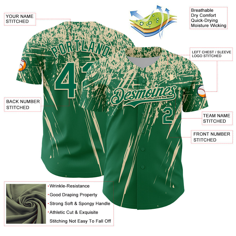 Custom Kelly Green Cream Distressed Scratch Brush Stroke Authentic Baseball Jersey baseball jersey product view 3