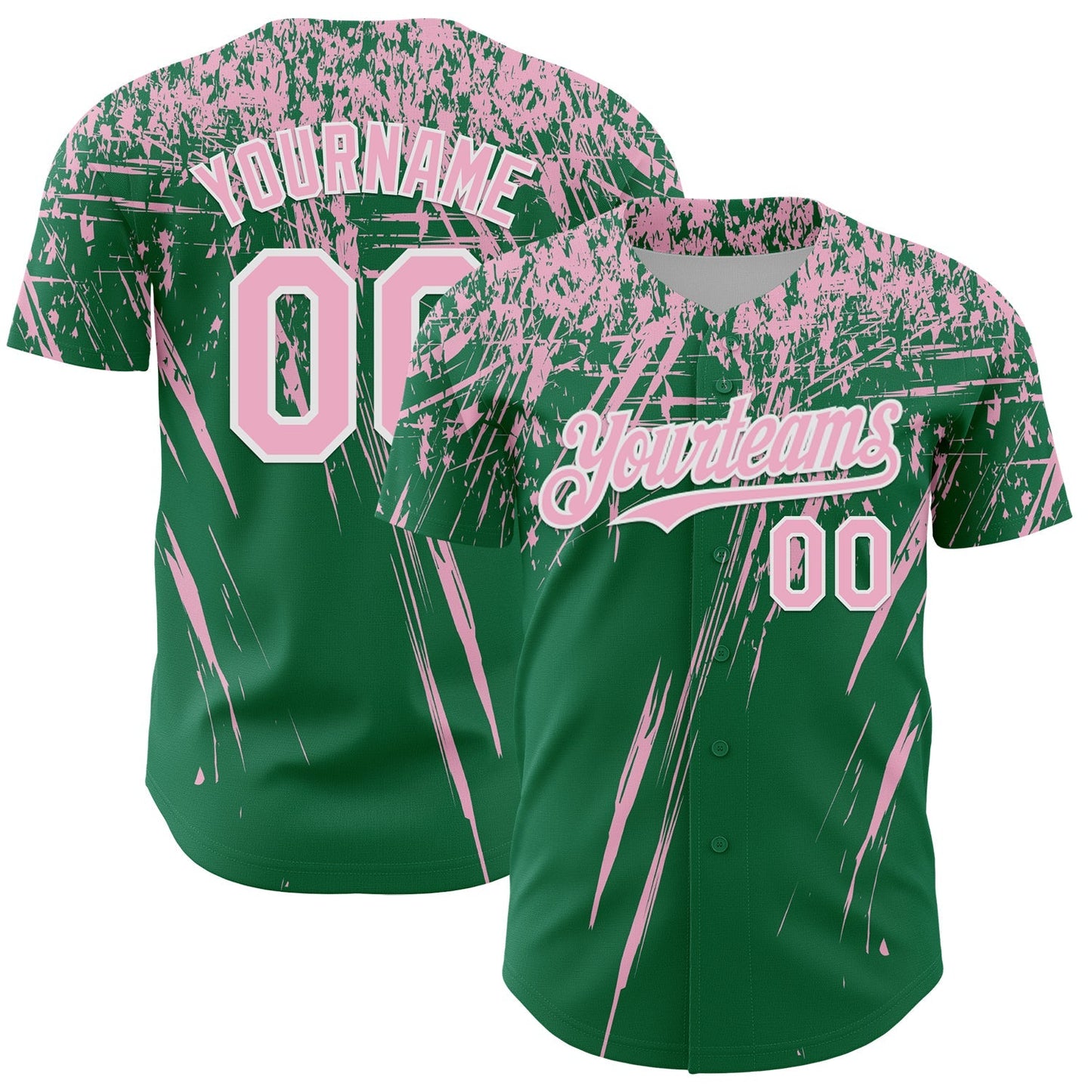 Custom Kelly Green Light Pink-White Distressed Scratch Brush Stroke Authentic Baseball Jersey baseball jersey product view 1