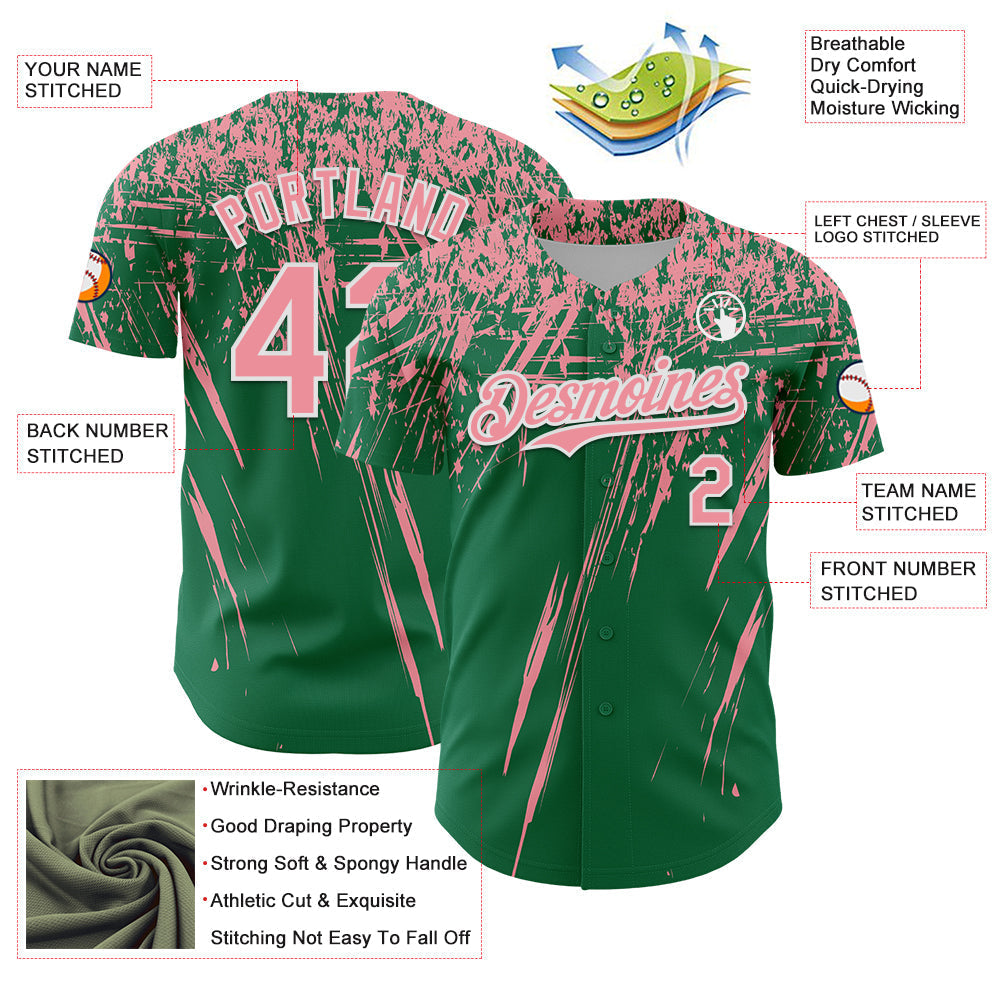 Custom Kelly Green Medium Pink-White Distressed Scratch Brush Stroke Authentic Baseball Jersey baseball jersey product view 3