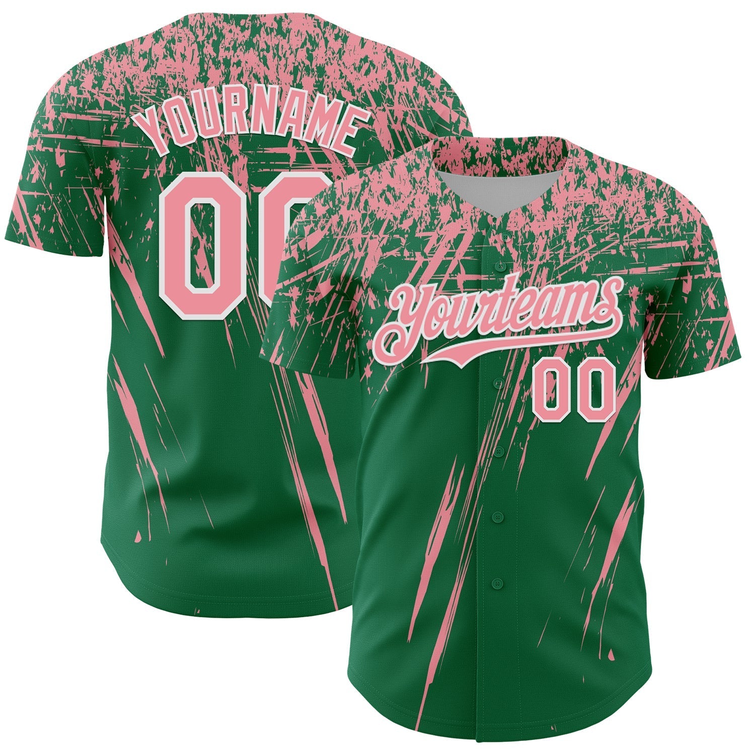 Custom Kelly Green Medium Pink-White Distressed Scratch Brush Stroke Authentic Baseball Jersey baseball jersey product view 1