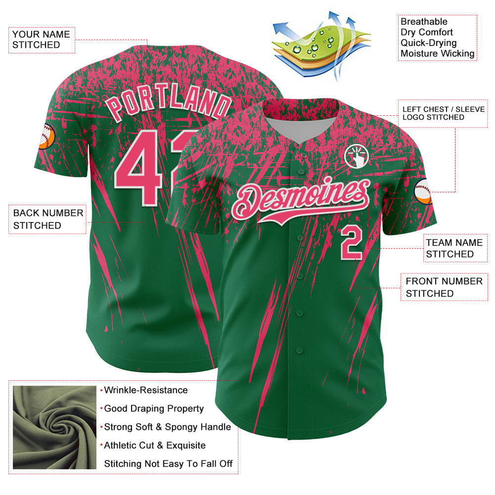 Custom Kelly Green Neon Pink-White Distressed Scratch Brush Stroke Authentic Baseball Jersey baseball jersey product view 3