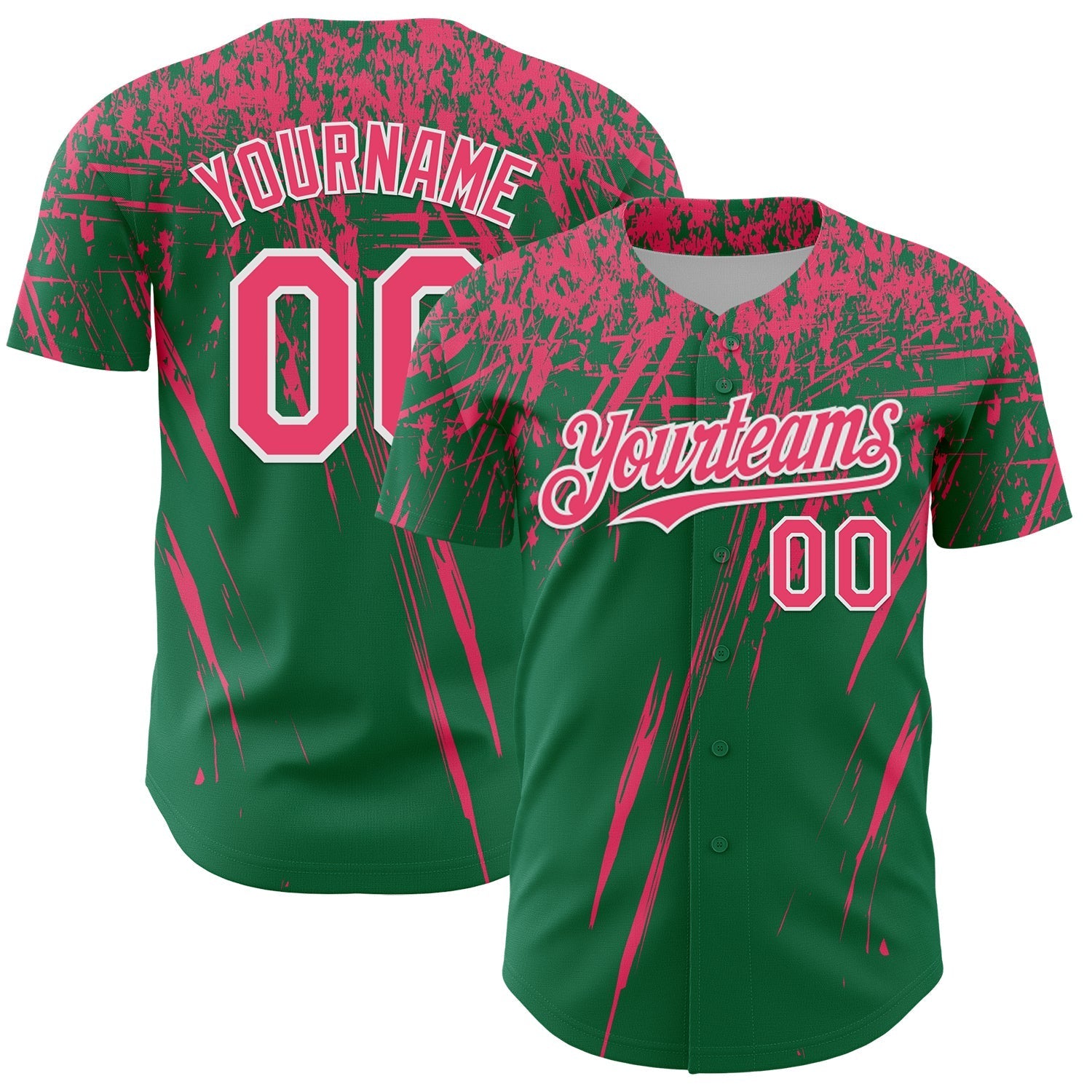 Custom Kelly Green Neon Pink-White Distressed Scratch Brush Stroke Authentic Baseball Jersey baseball jersey product view 1