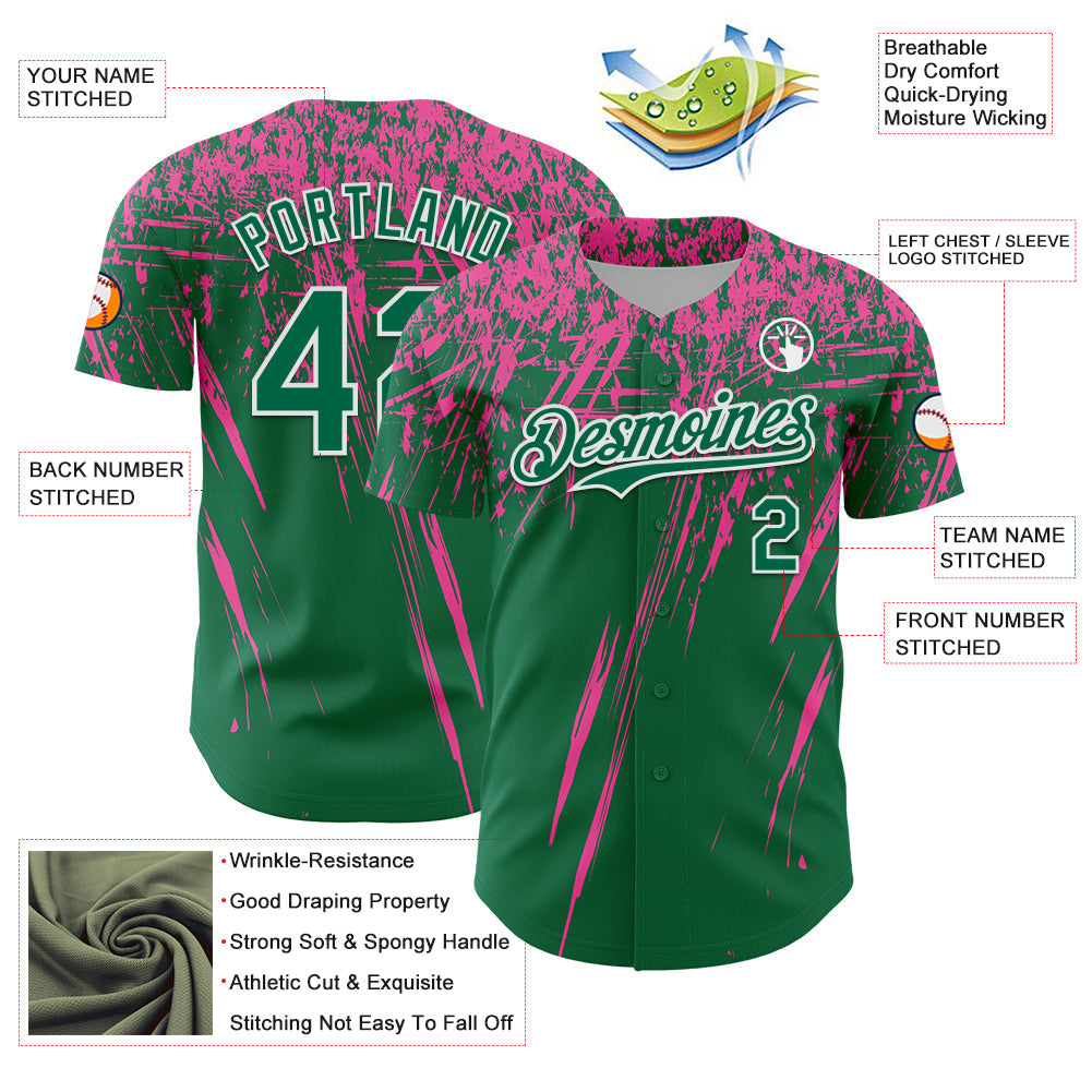 Custom Kelly Green Pink-White Distressed Scratch Brush Stroke Authentic Baseball Jersey baseball jersey product view 3