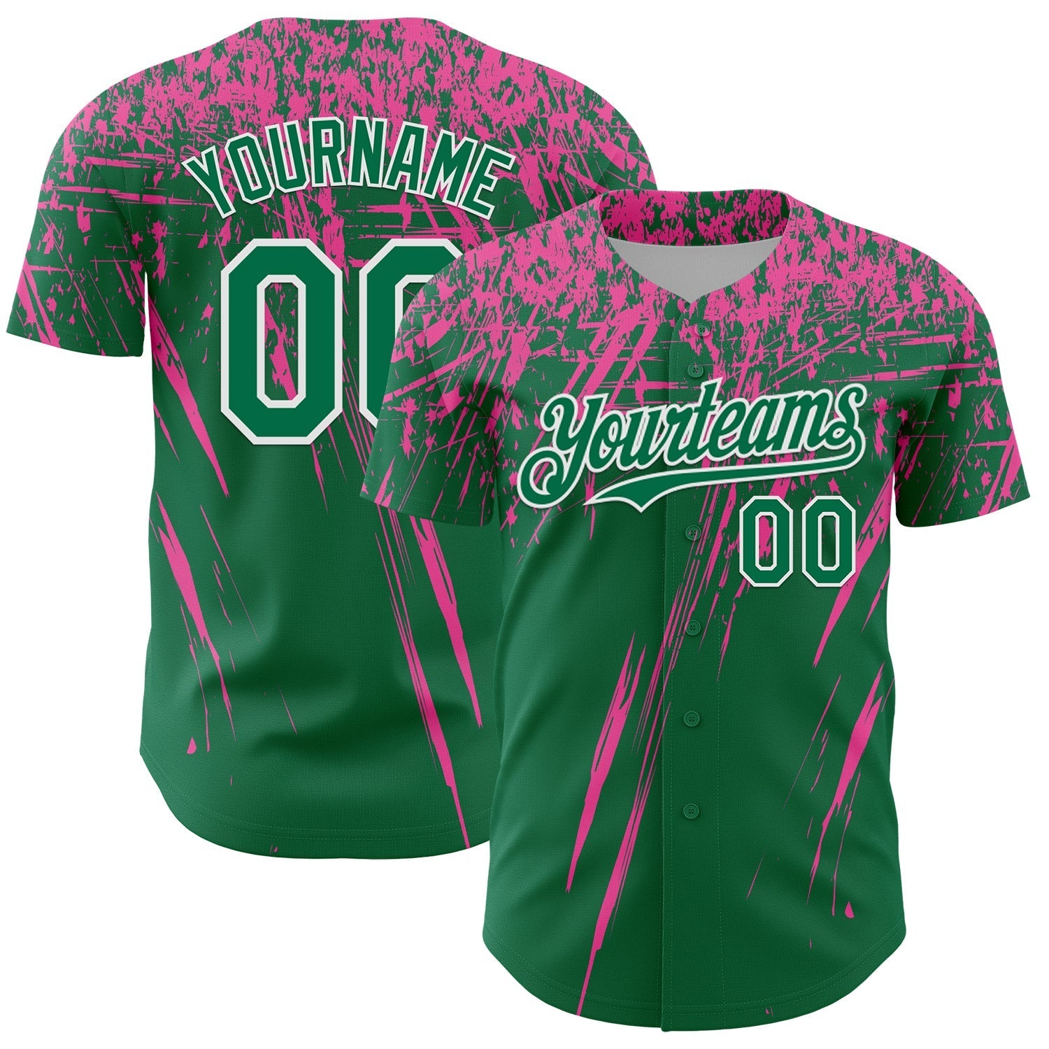 Custom Kelly Green Pink-White Distressed Scratch Brush Stroke Authentic Baseball Jersey baseball jersey product view 1
