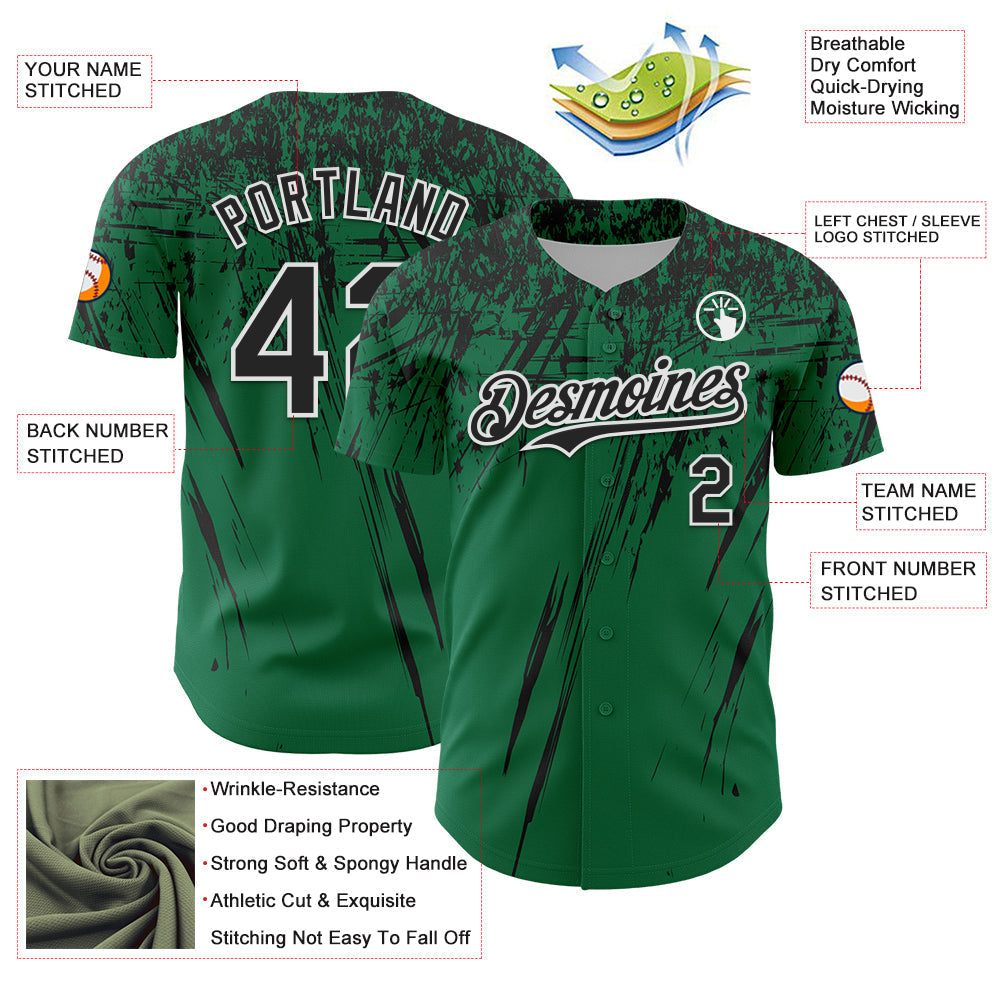 Custom Kelly Green Black-White Distressed Scratch Brush Stroke Authentic Baseball Jersey baseball jersey product view 3