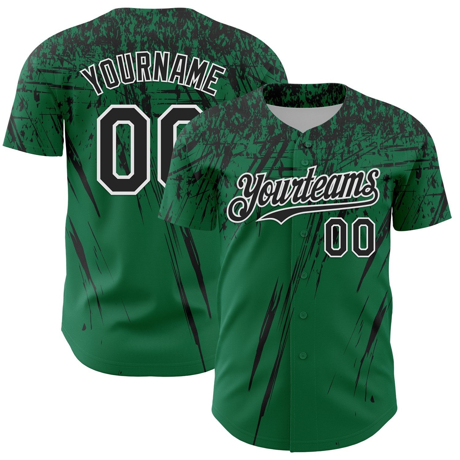 Custom Kelly Green Black-White Distressed Scratch Brush Stroke Authentic Baseball Jersey baseball jersey product view 1