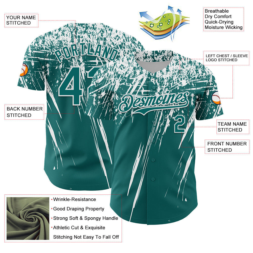 Custom Teal White Distressed Scratch Brush Stroke Authentic Baseball Jersey baseball jersey product view 3
