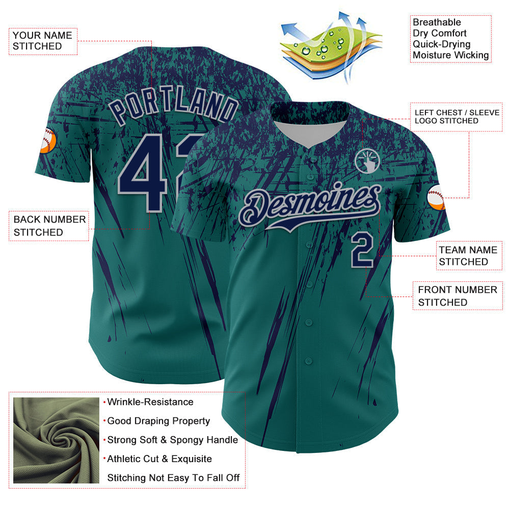 Custom Teal Navy-Gray Distressed Scratch Brush Stroke Authentic Baseball Jersey baseball jersey product view 3