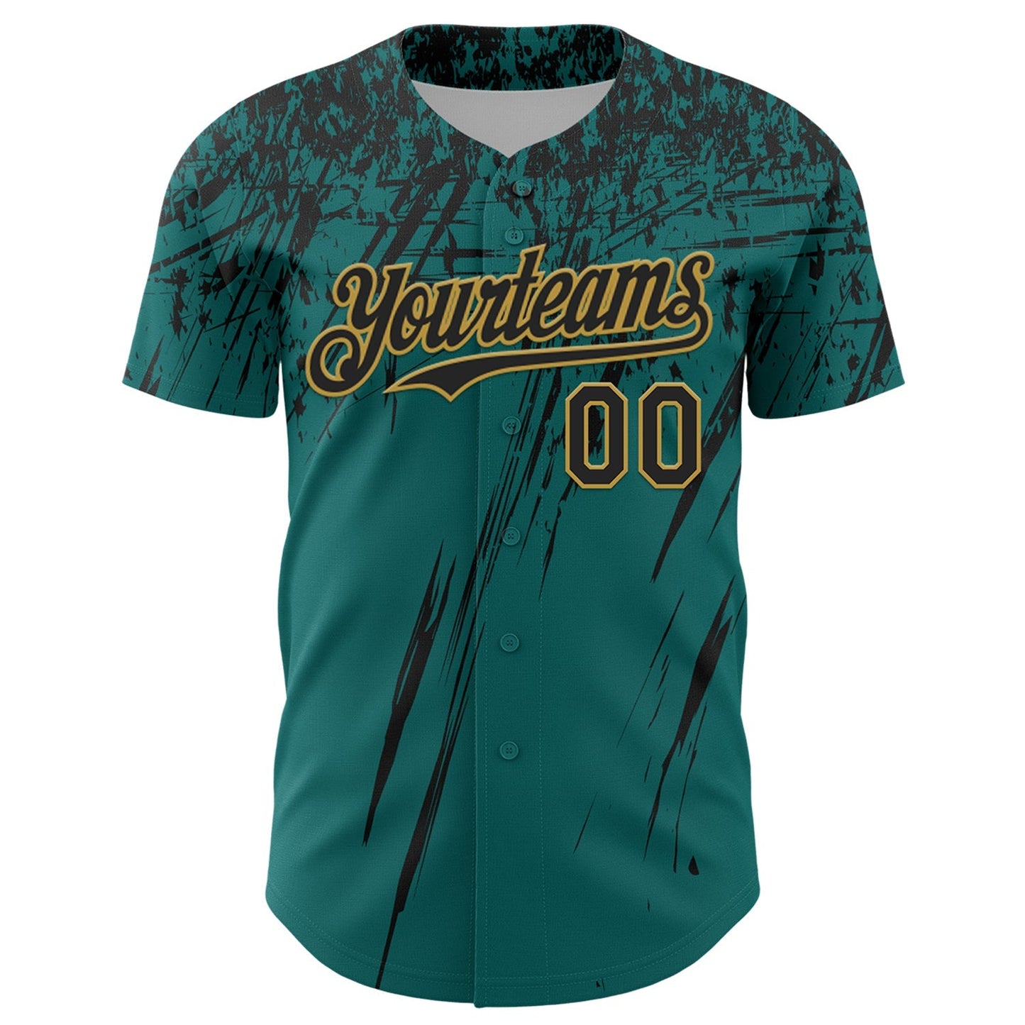 Custom Teal Black-Old Gold Distressed Scratch Brush Stroke Authentic Baseball Jersey baseball jersey product view 2