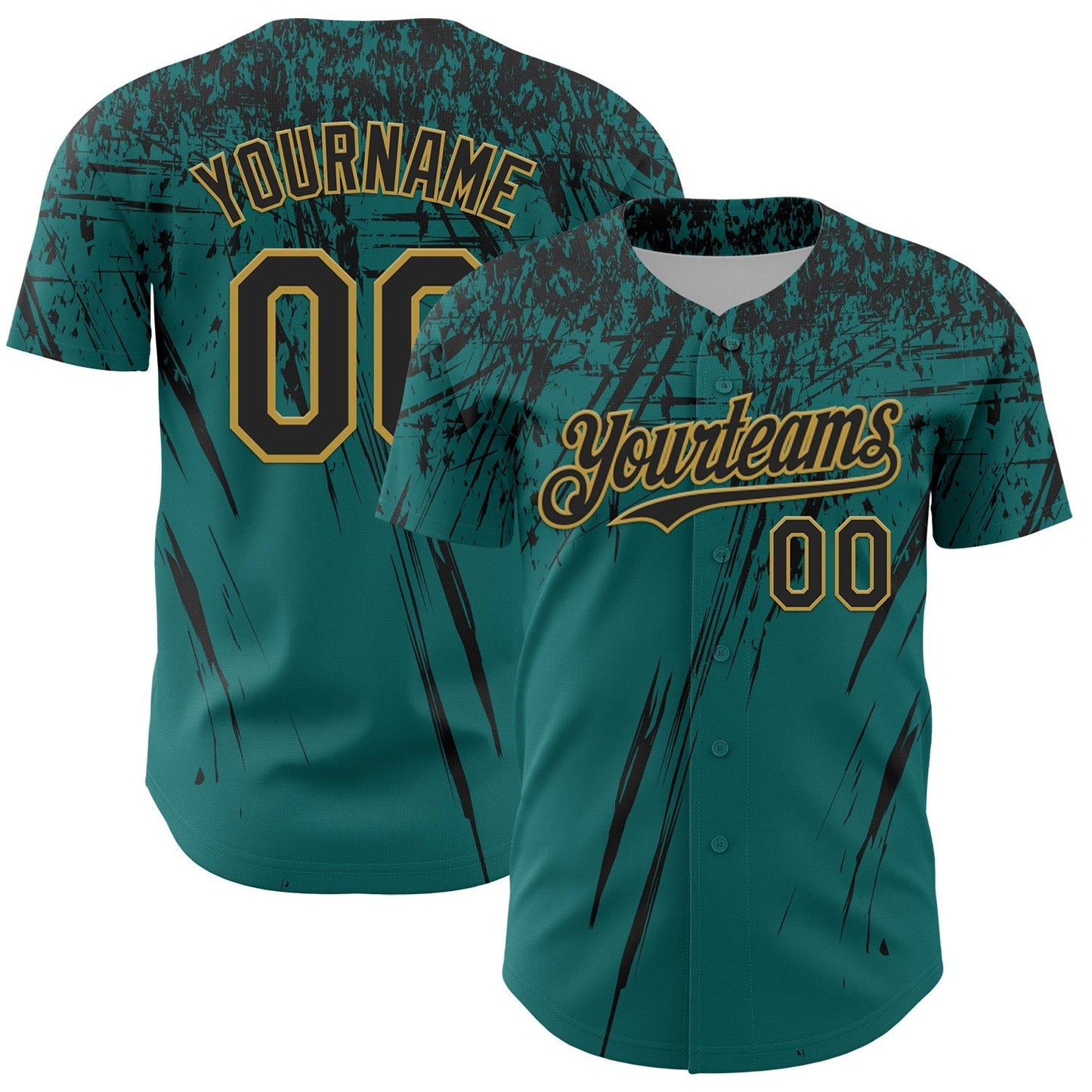 Custom Teal Black-Old Gold Distressed Scratch Brush Stroke Authentic Baseball Jersey baseball jersey product view 1
