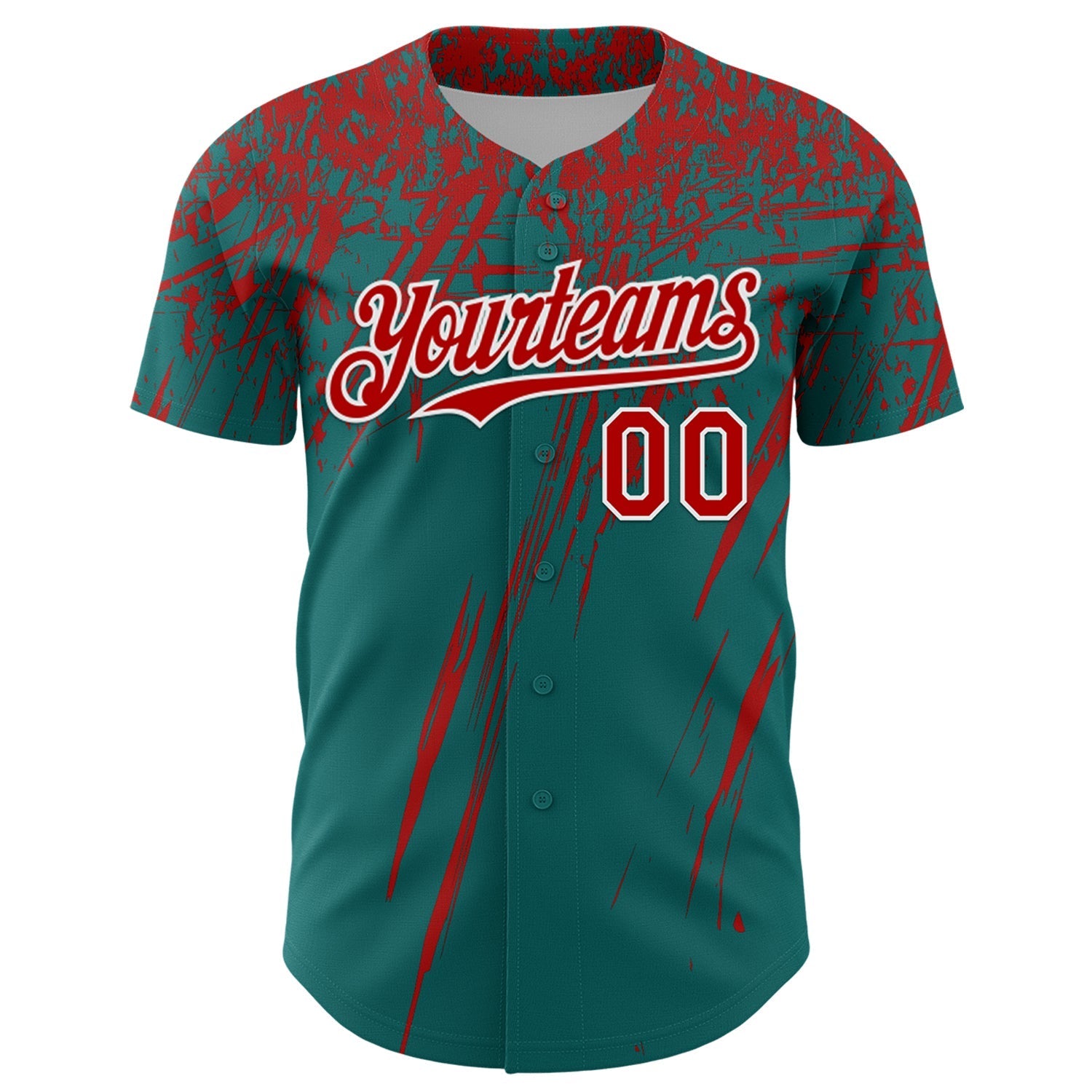 Custom Teal Red-White Distressed Scratch Brush Stroke Authentic Baseball Jersey baseball jersey product view 2