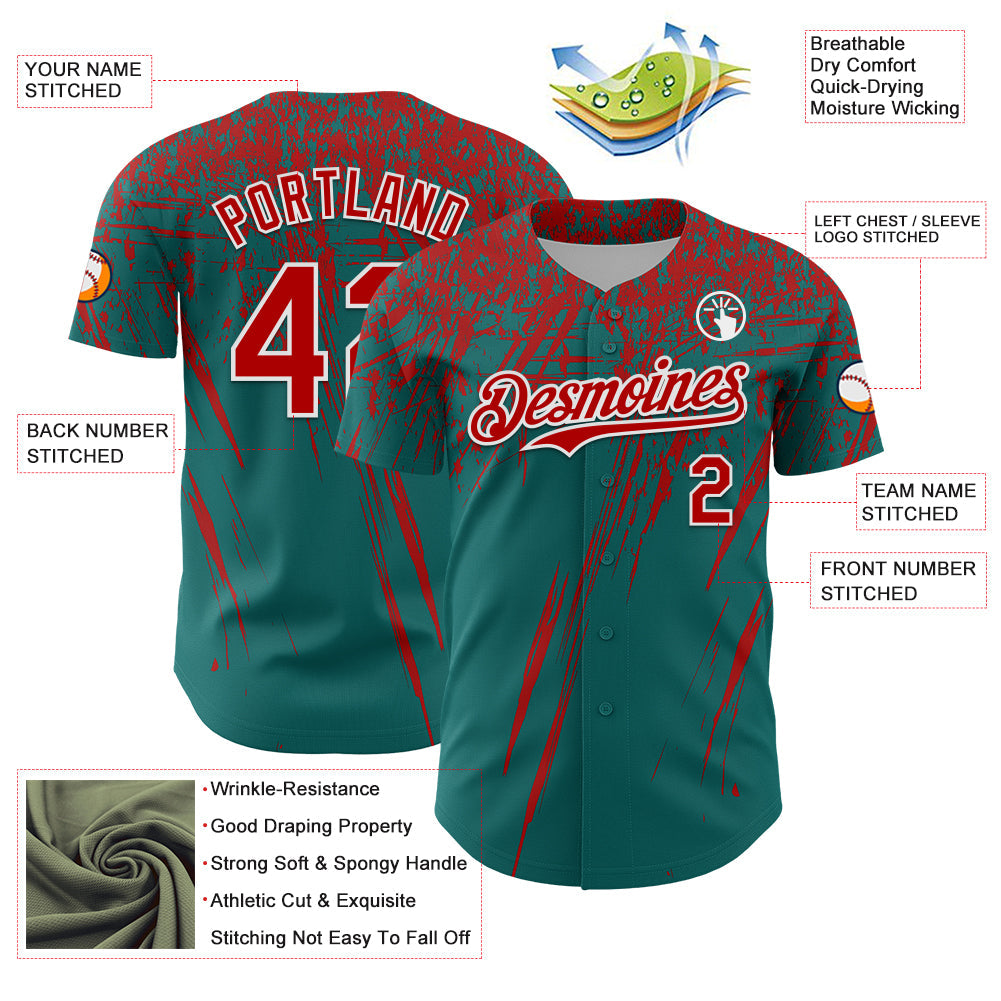 Custom Teal Red-White Distressed Scratch Brush Stroke Authentic Baseball Jersey baseball jersey product view 3