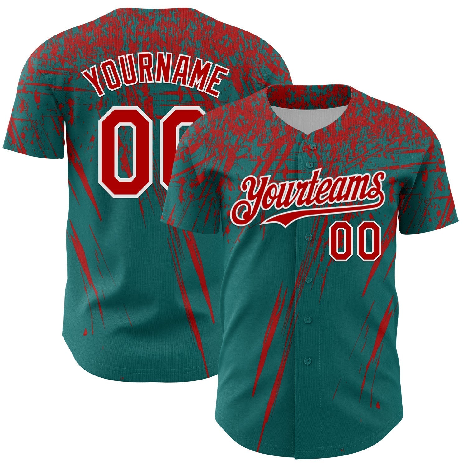 Custom Teal Red-White Distressed Scratch Brush Stroke Authentic Baseball Jersey baseball jersey product view 1
