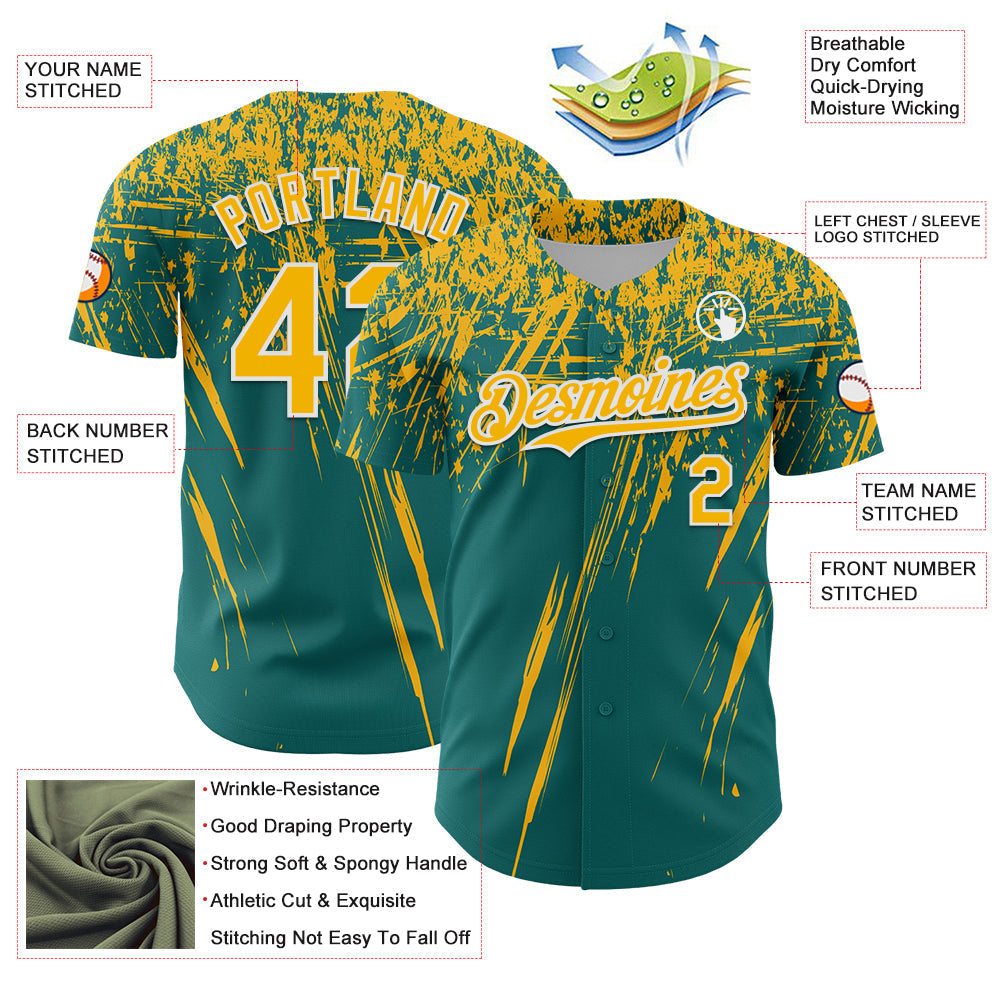 Custom Teal Gold-White Distressed Scratch Brush Stroke Authentic Baseball Jersey baseball jersey product view 3