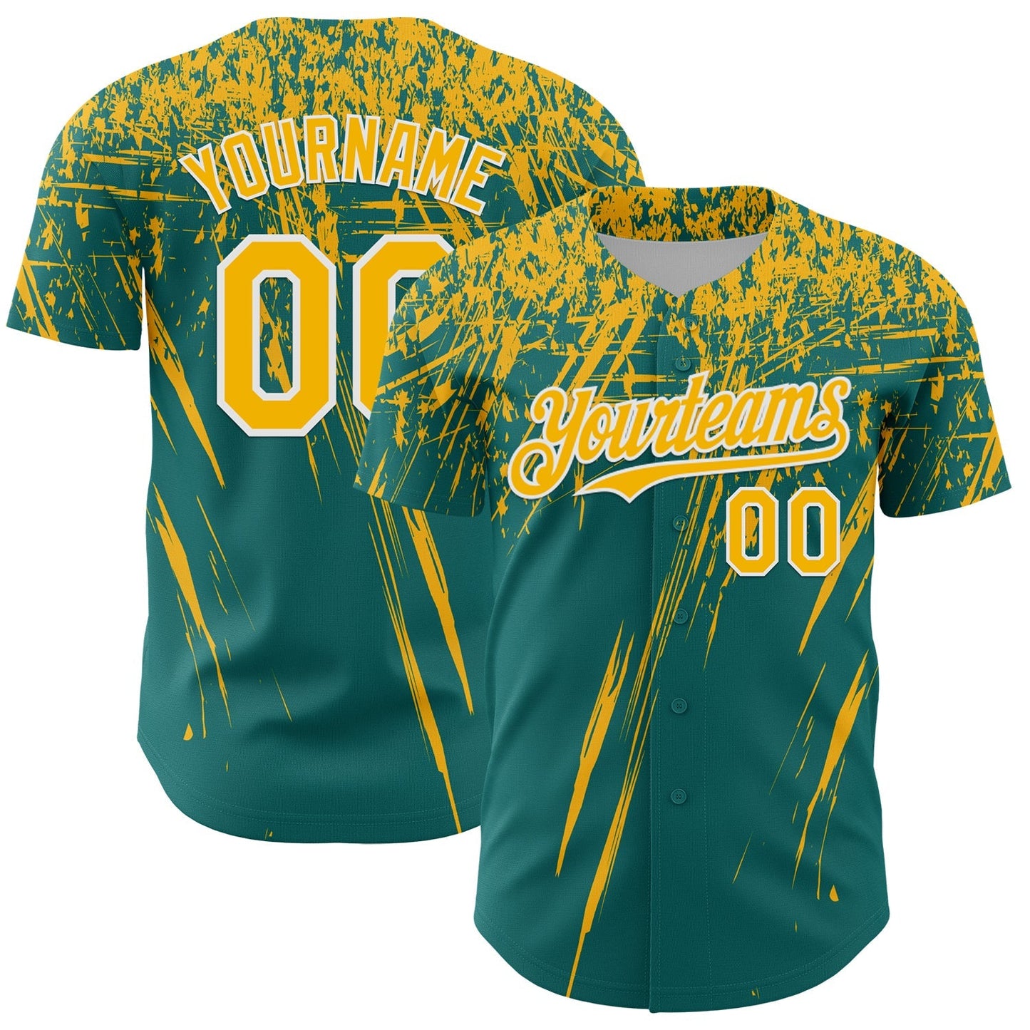 Custom Teal Gold-White Distressed Scratch Brush Stroke Authentic Baseball Jersey baseball jersey product view 1