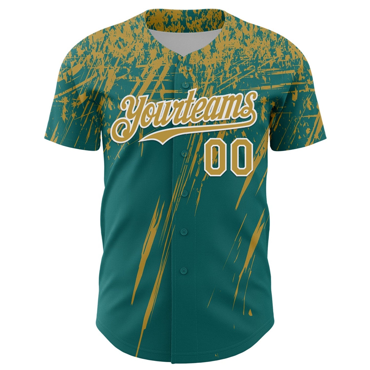 Custom Teal Old Gold-White Distressed Scratch Brush Stroke Authentic Baseball Jersey baseball jersey product view 2