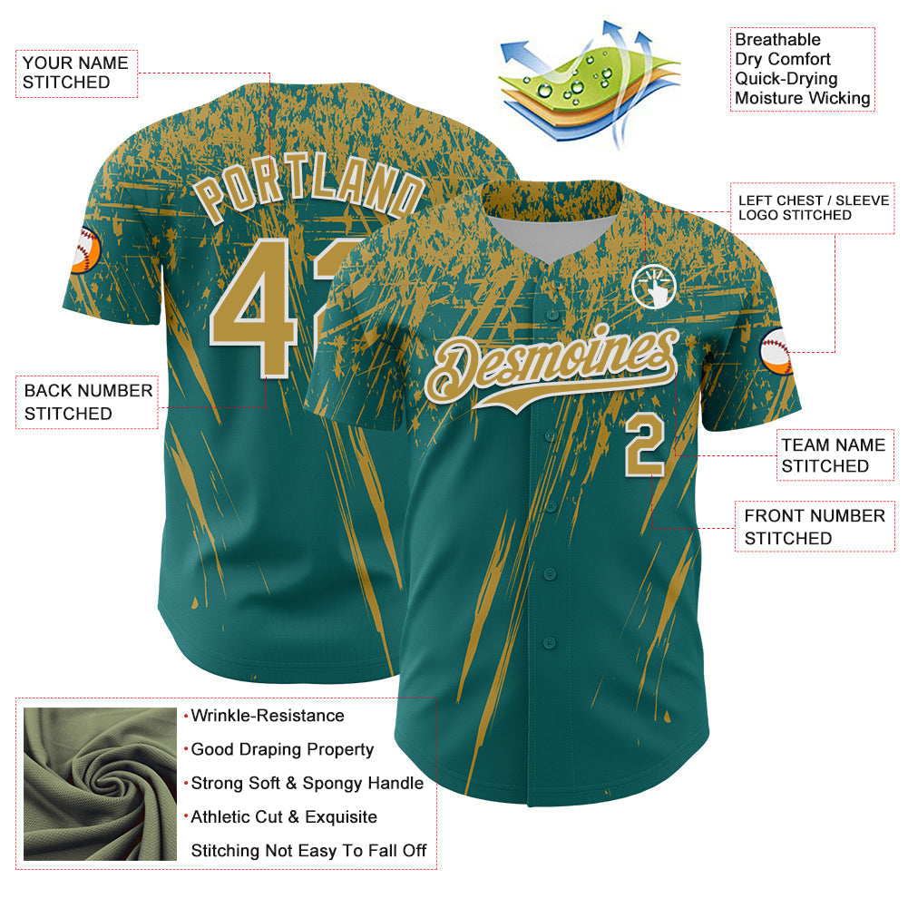 Custom Teal Old Gold-White Distressed Scratch Brush Stroke Authentic Baseball Jersey baseball jersey product view 3