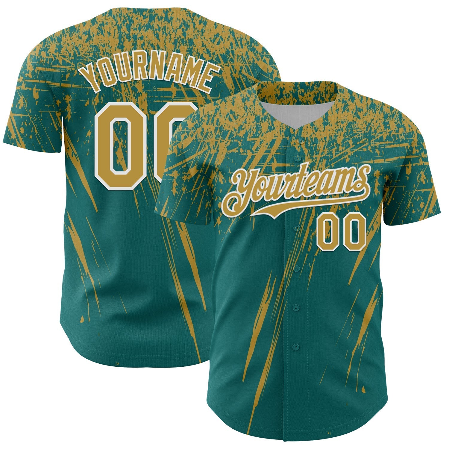 Custom Teal Old Gold-White Distressed Scratch Brush Stroke Authentic Baseball Jersey baseball jersey product view 1