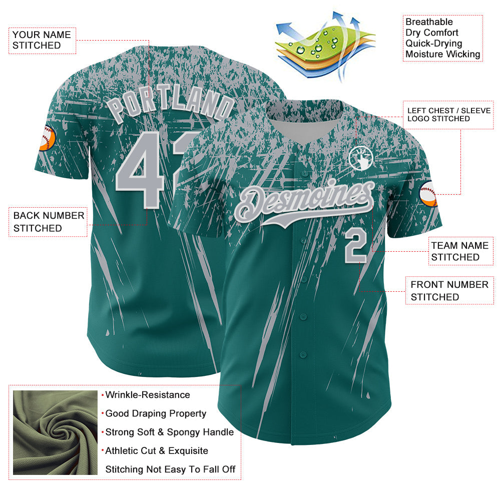 Custom Teal Gray-White Distressed Scratch Brush Stroke Authentic Baseball Jersey baseball jersey product view 3