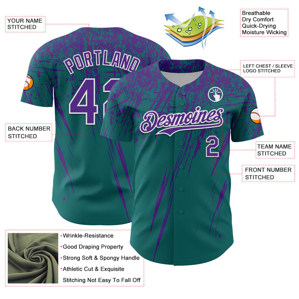 Custom Teal Purple-White Distressed Scratch Brush Stroke Authentic Baseball Jersey baseball jersey product view 3