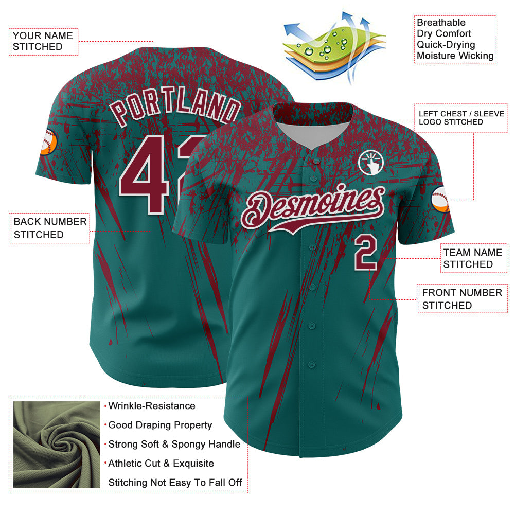 Custom Teal Crimson-White Distressed Scratch Brush Stroke Authentic Baseball Jersey baseball jersey product view 3