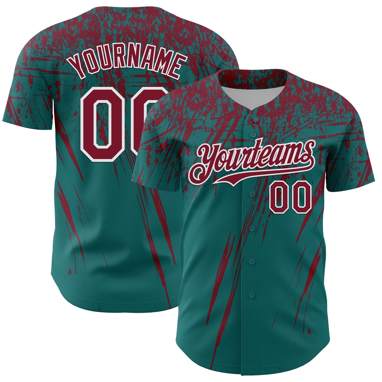 Custom Teal Crimson-White Distressed Scratch Brush Stroke Authentic Baseball Jersey baseball jersey product view 1