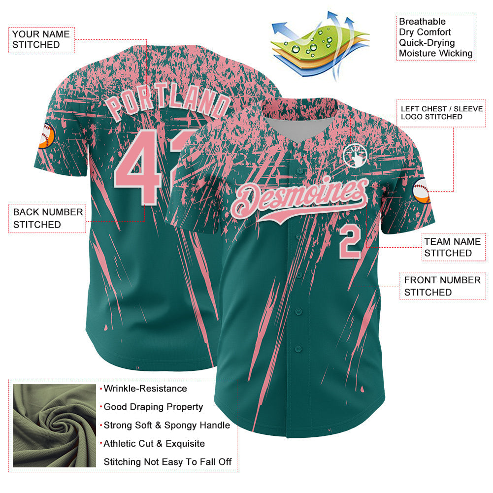 Custom Teal Medium Pink-White Distressed Scratch Brush Stroke Authentic Baseball Jersey baseball jersey product view 3