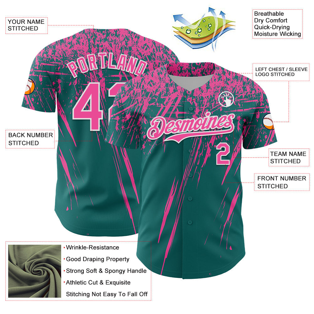Custom Teal Pink-White Distressed Scratch Brush Stroke Authentic Baseball Jersey baseball jersey product view 3