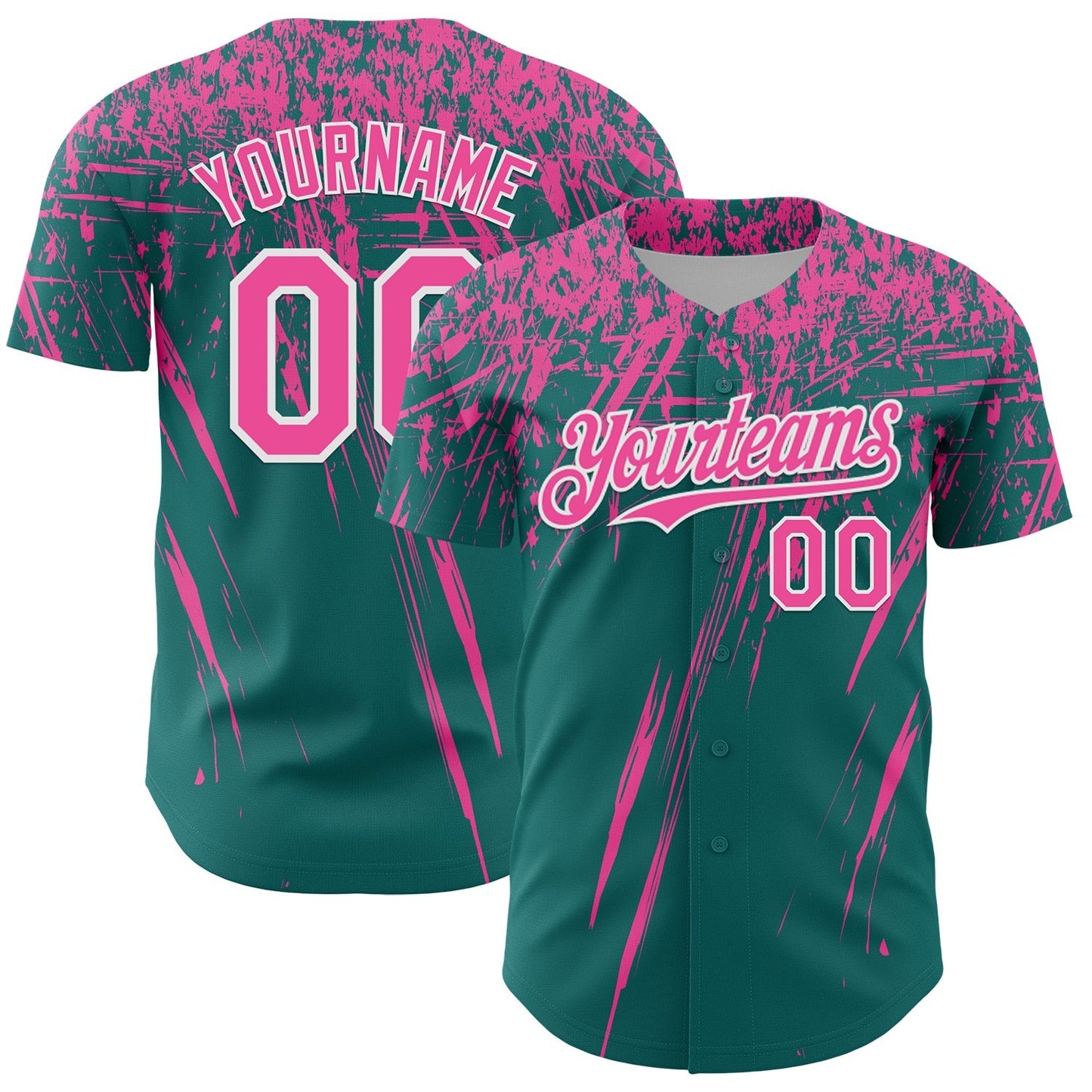 Custom Teal Pink-White Distressed Scratch Brush Stroke Authentic Baseball Jersey baseball jersey product view 1