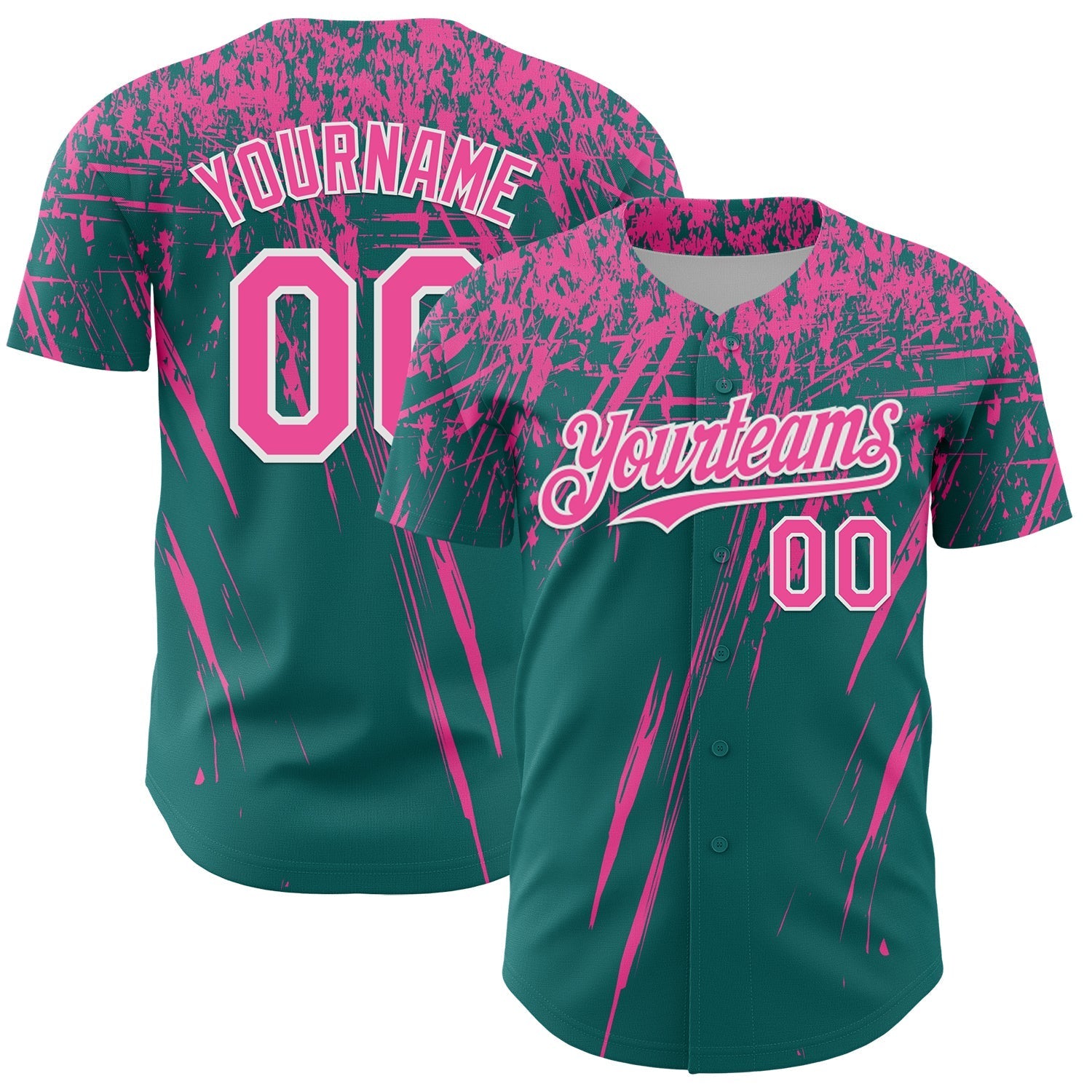 Custom Teal Pink-White Distressed Scratch Brush Stroke Authentic Baseball Jersey baseball jersey product view 1
