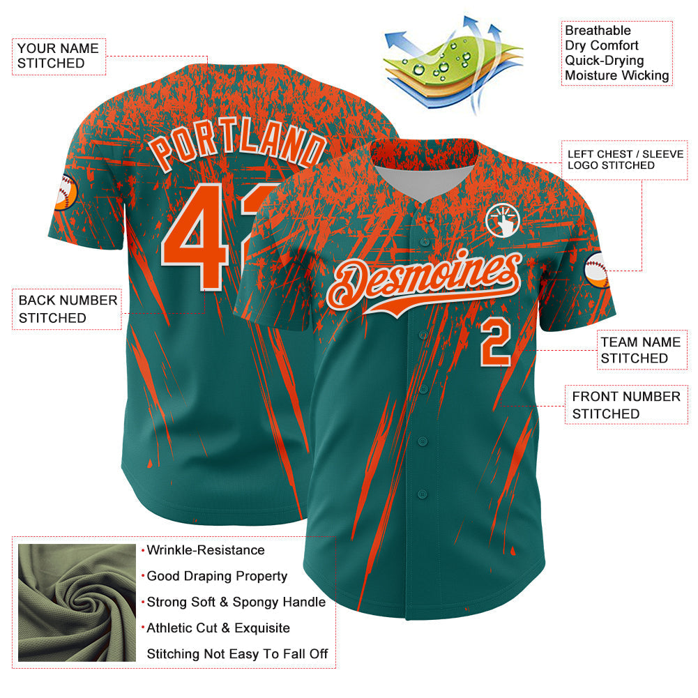 Custom Teal Orange-White Distressed Scratch Brush Stroke Authentic Baseball Jersey baseball jersey product view 3
