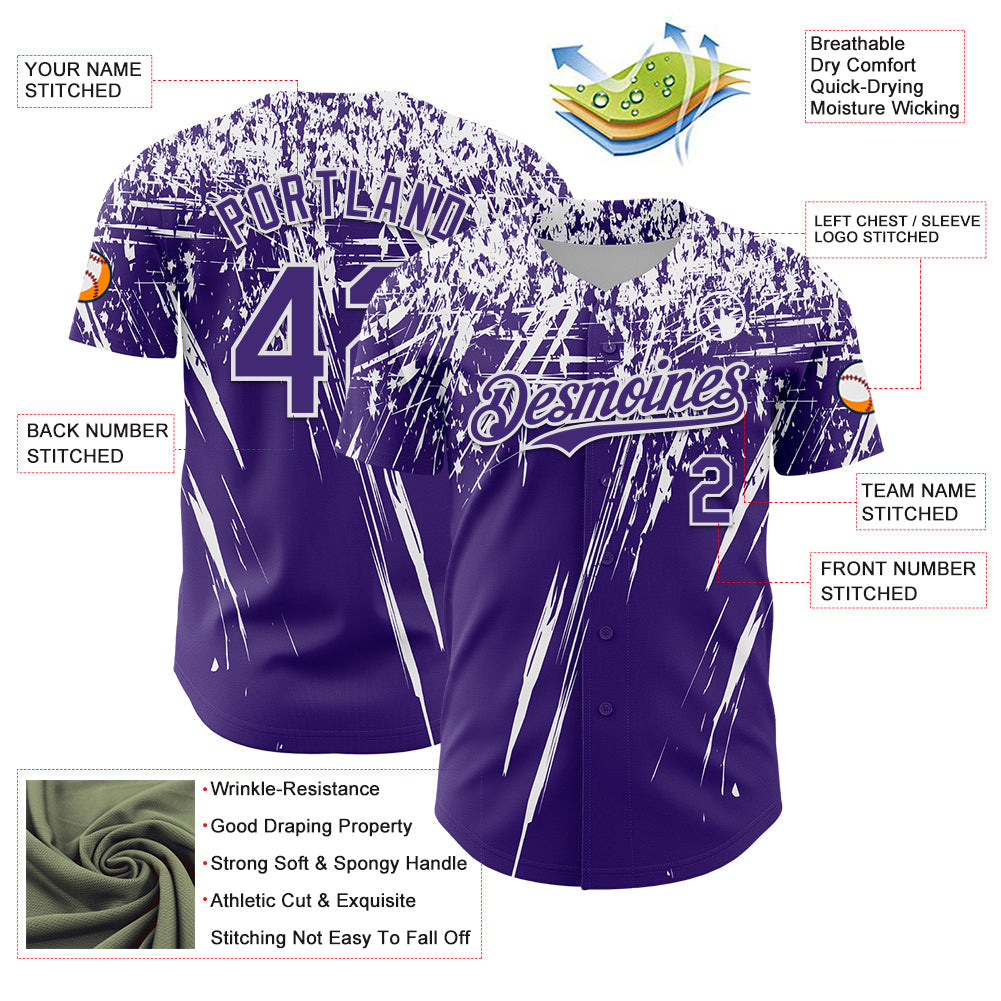 Custom Purple White Distressed Scratch Brush Stroke Authentic Baseball Jersey baseball jersey product view 3