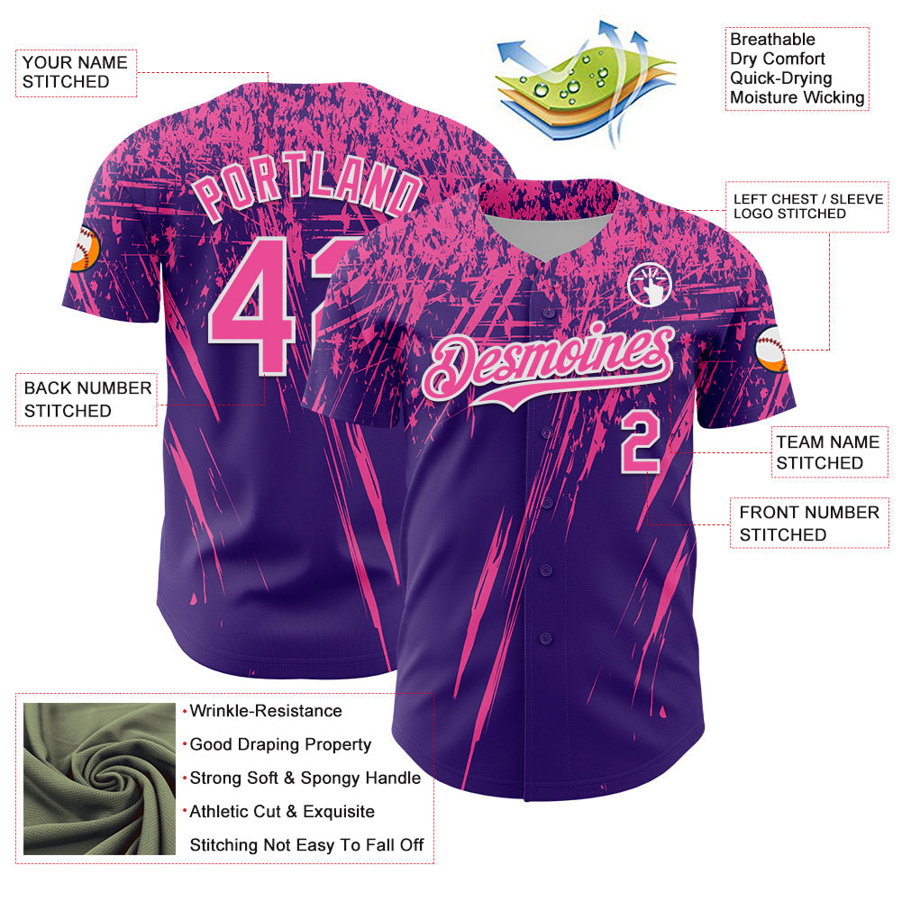Custom Purple Pink-White Distressed Scratch Brush Stroke Authentic Baseball Jersey baseball jersey product view 3