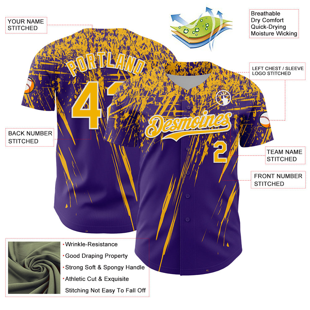 Custom Purple Gold-White Distressed Scratch Brush Stroke Authentic Baseball Jersey baseball jersey product view 3