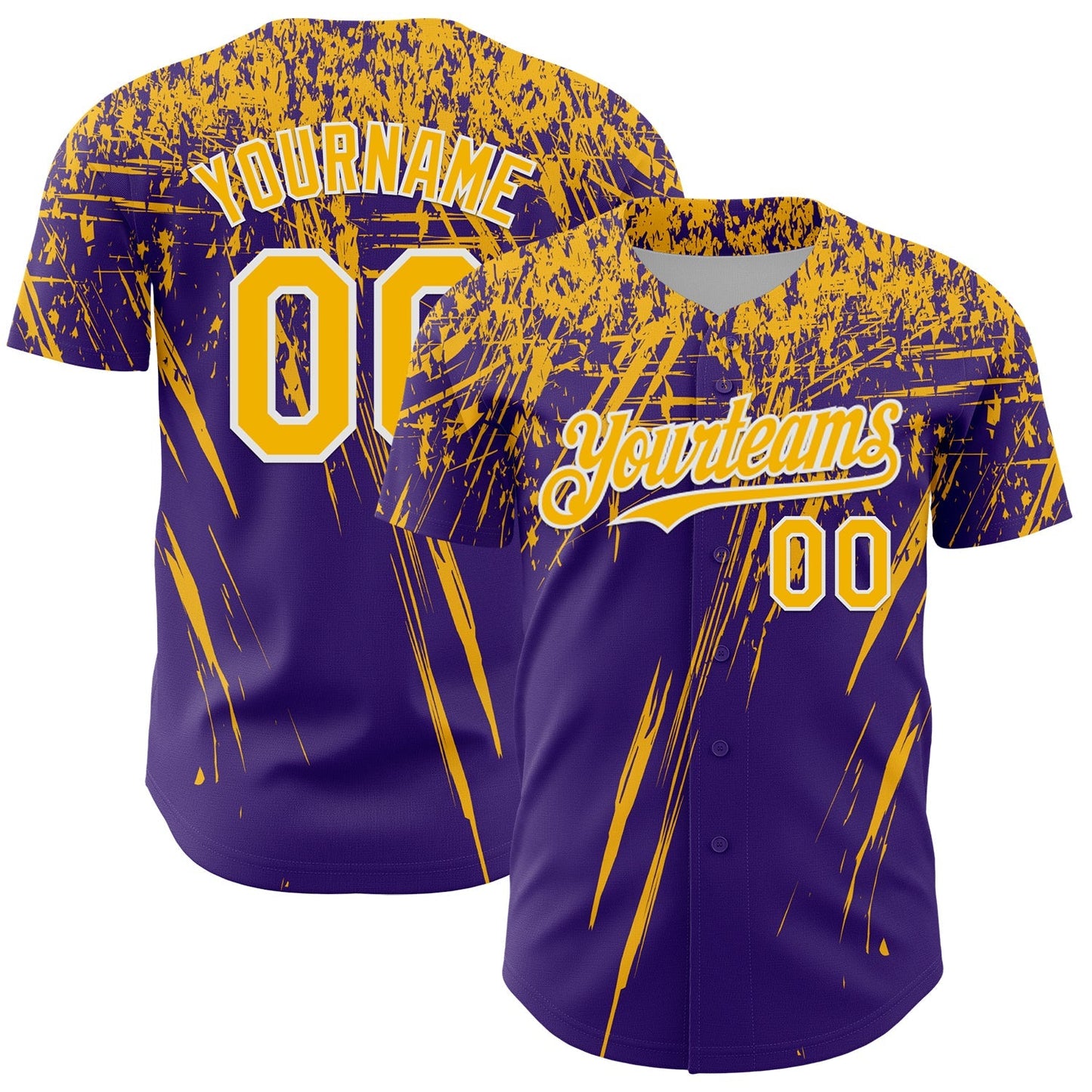 Custom Purple Gold-White Distressed Scratch Brush Stroke Authentic Baseball Jersey baseball jersey product view 1