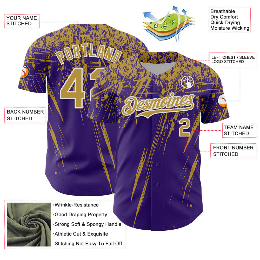 Custom Purple Old Gold-White Distressed Scratch Brush Stroke Authentic Baseball Jersey baseball jersey product view 3