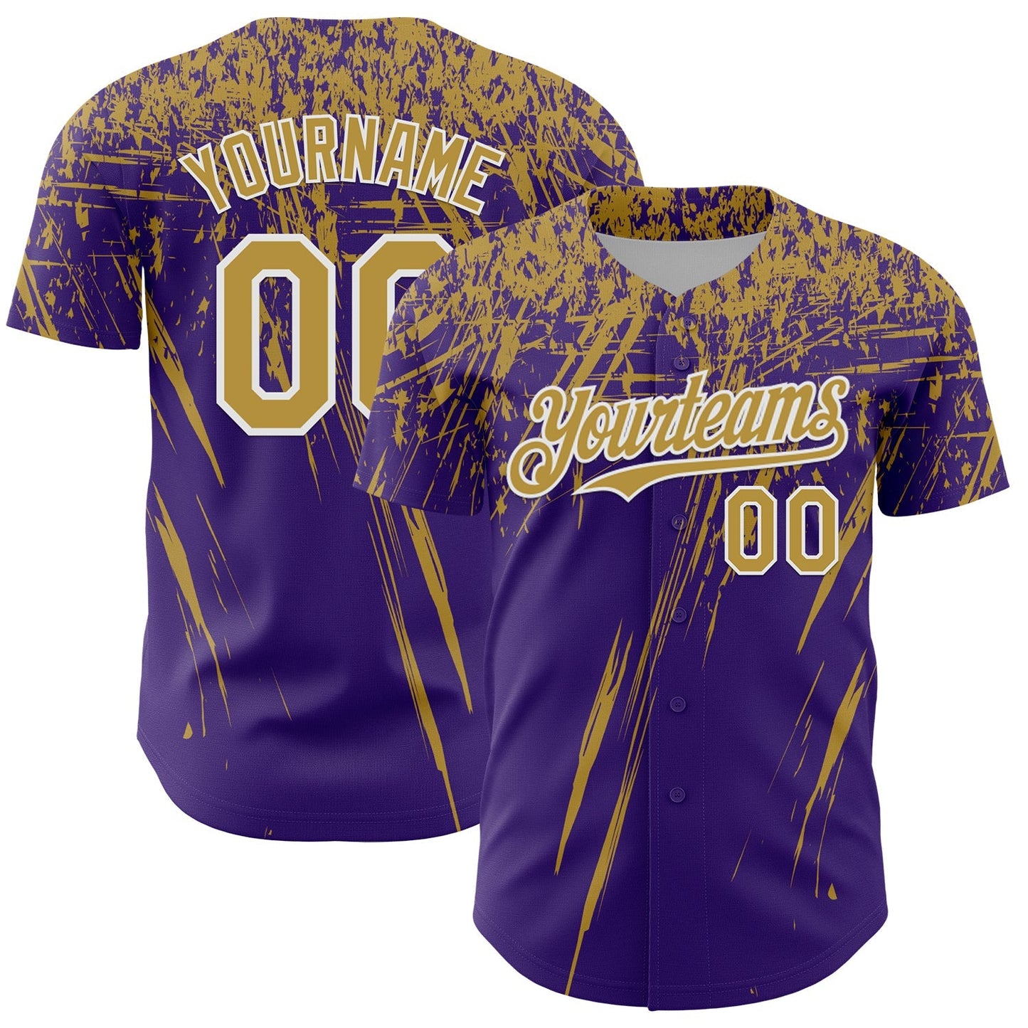 Custom Purple Old Gold-White Distressed Scratch Brush Stroke Authentic Baseball Jersey baseball jersey product view 1