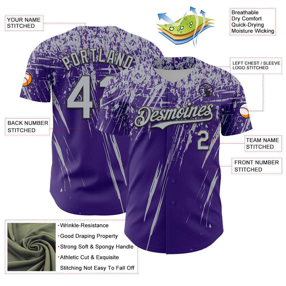 Custom Purple Gray-Black Distressed Scratch Brush Stroke Authentic Baseball Jersey baseball jersey product view 3