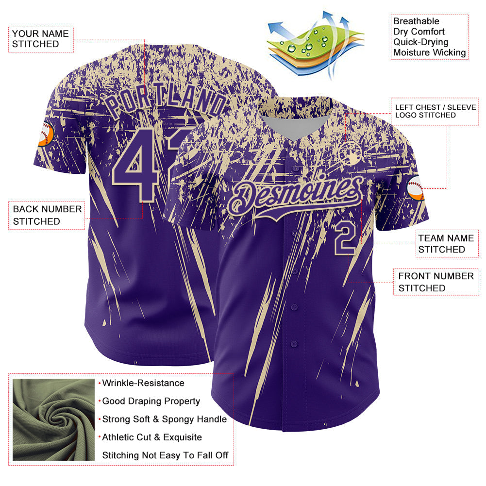 Custom Purple Cream Distressed Scratch Brush Stroke Authentic Baseball Jersey baseball jersey product view 3