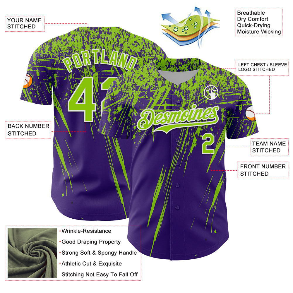 Custom Purple Neon Green-White Distressed Scratch Brush Stroke Authentic Baseball Jersey baseball jersey product view 3