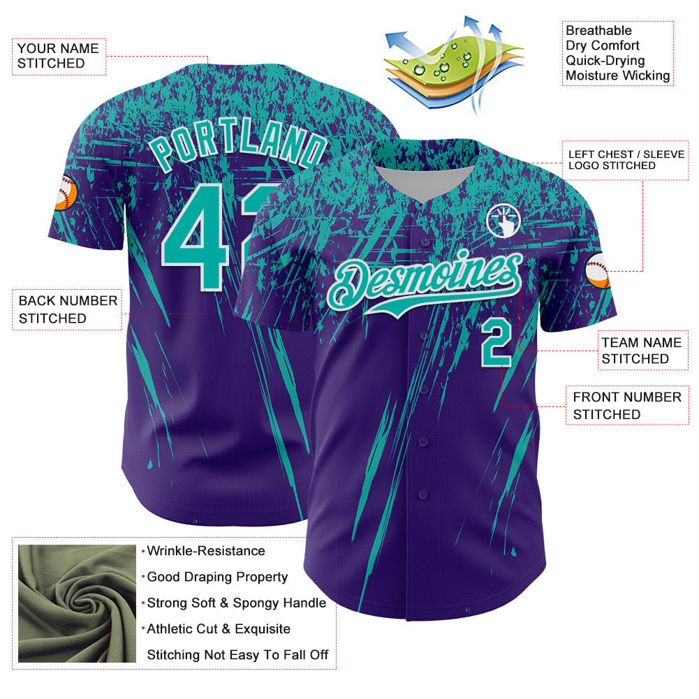 Custom Purple Aqua-White Distressed Scratch Brush Stroke Authentic Baseball Jersey baseball jersey product view 3