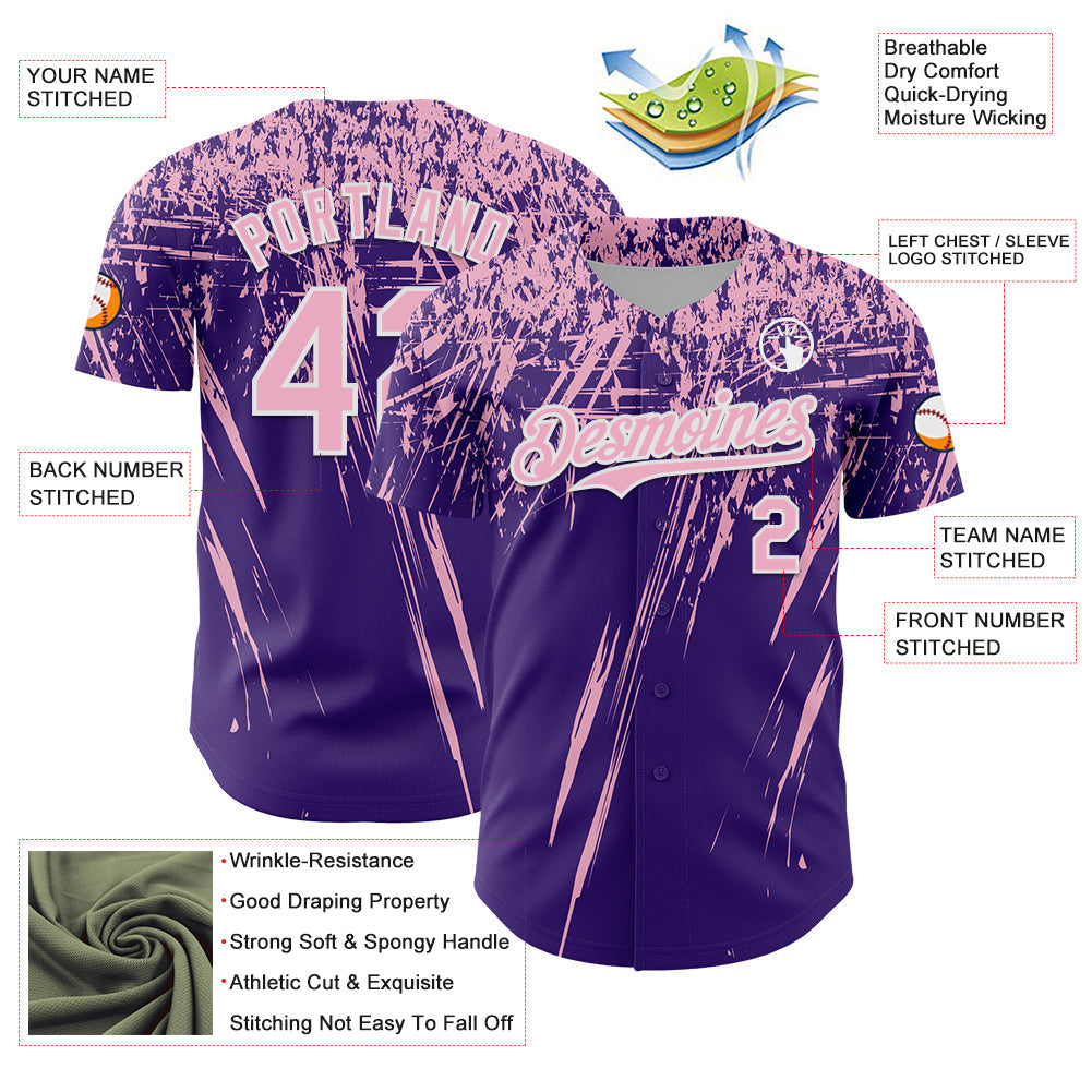 Custom Purple Light Pink-White Distressed Scratch Brush Stroke Authentic Baseball Jersey baseball jersey product view 3