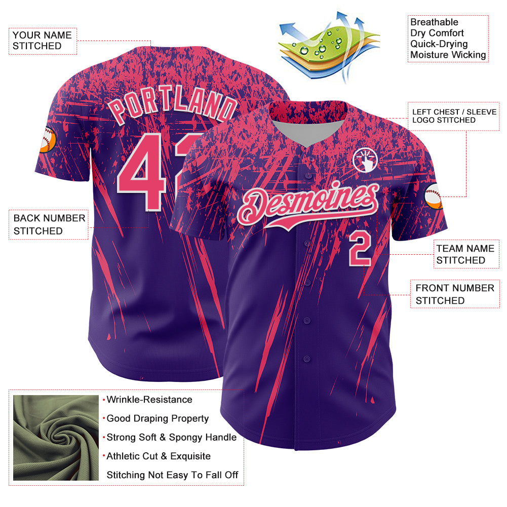Custom Purple Neon Pink-White Distressed Scratch Brush Stroke Authentic Baseball Jersey baseball jersey product view 3