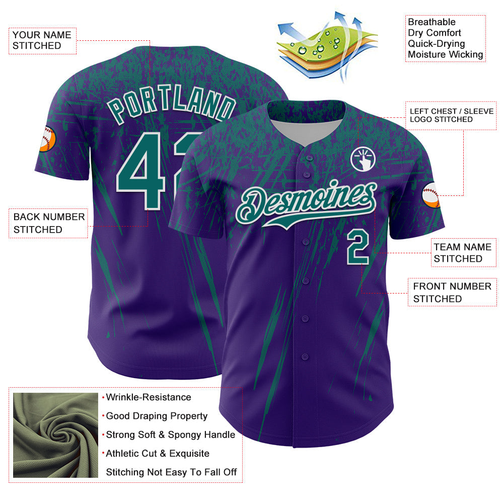 Custom Purple Teal-White Distressed Scratch Brush Stroke Authentic Baseball Jersey baseball jersey product view 3