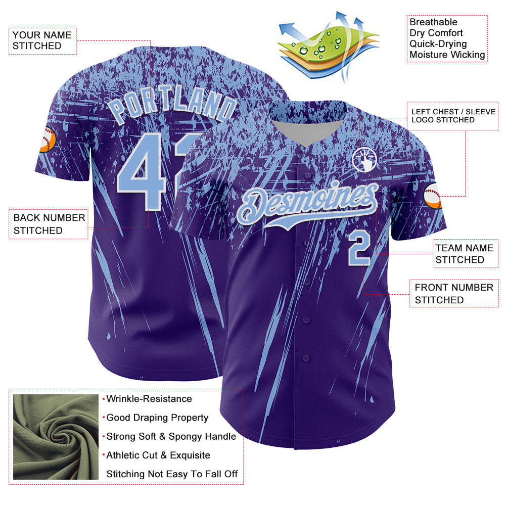 Custom Purple Light Blue-White Distressed Scratch Brush Stroke Authentic Baseball Jersey baseball jersey product view 3