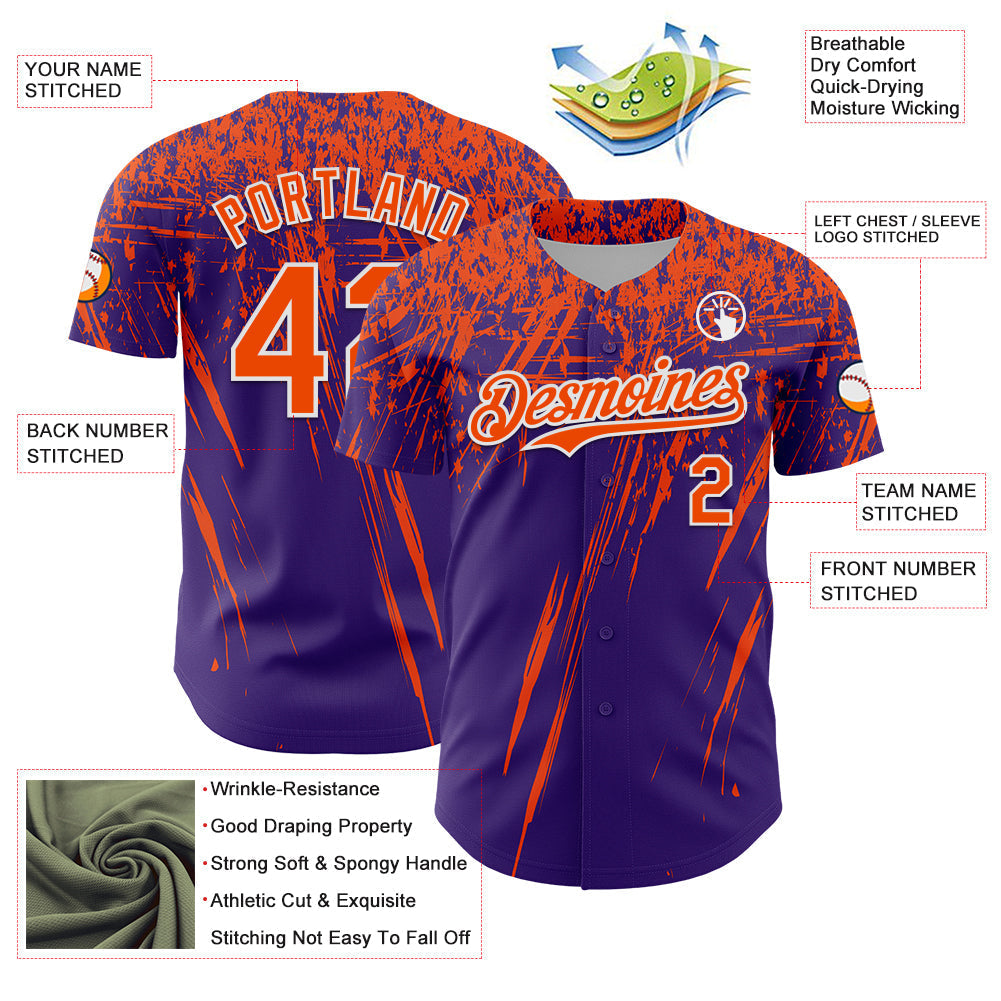 Custom Purple Orange-White Distressed Scratch Brush Stroke Authentic Baseball Jersey baseball jersey product view 3