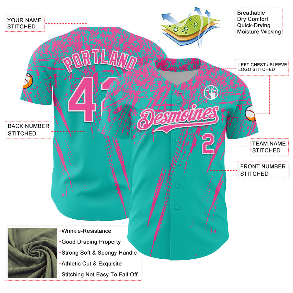 Custom Aqua Pink-White Distressed Scratch Brush Stroke Authentic Baseball Jersey baseball jersey product view 3